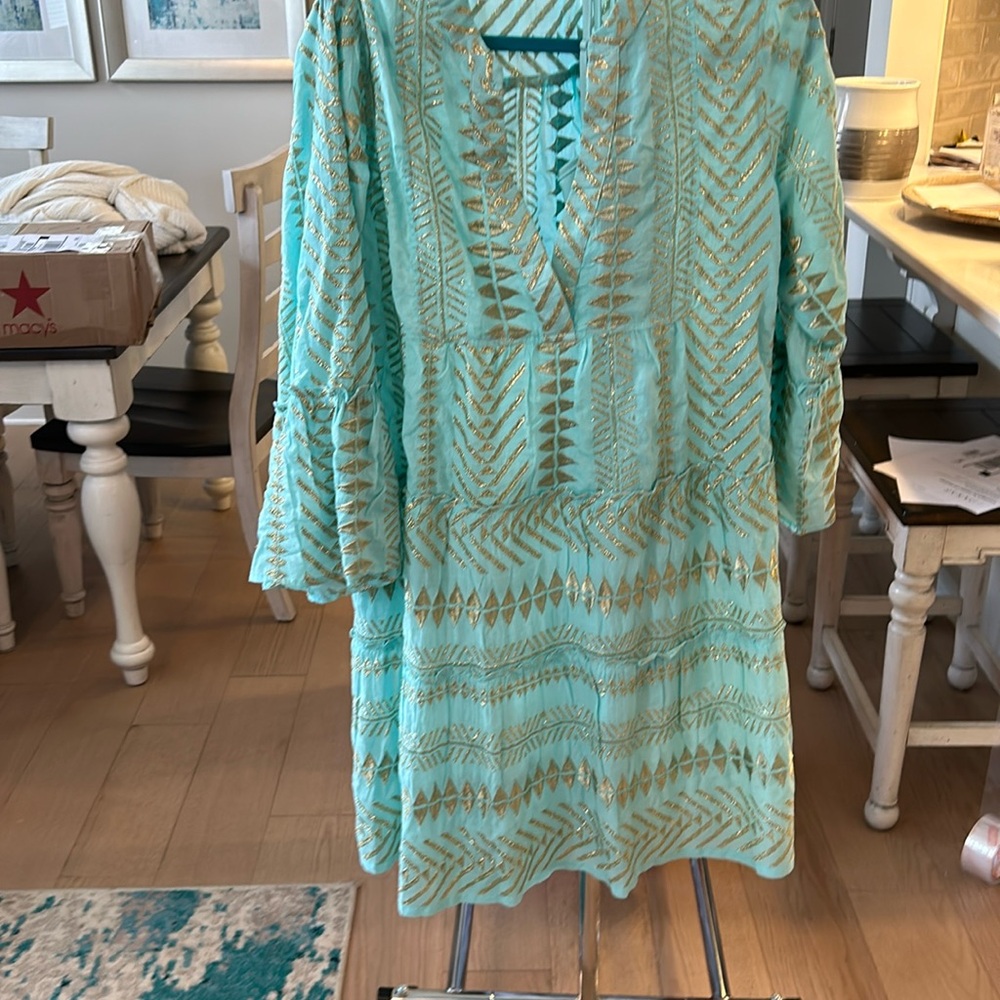 Boston proper aqua and gold dress with aqua slip liner Brand New